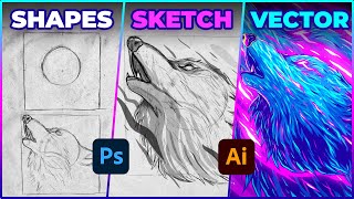 Wolf Illustration Process - Sketching on Photoshop and Coloring on Adobe Illustrator CC - Speed Art