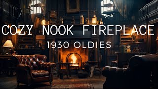 Cozy nook in an old bar 1930s oldies playing in a backroom (Crackling fireplace ambience)