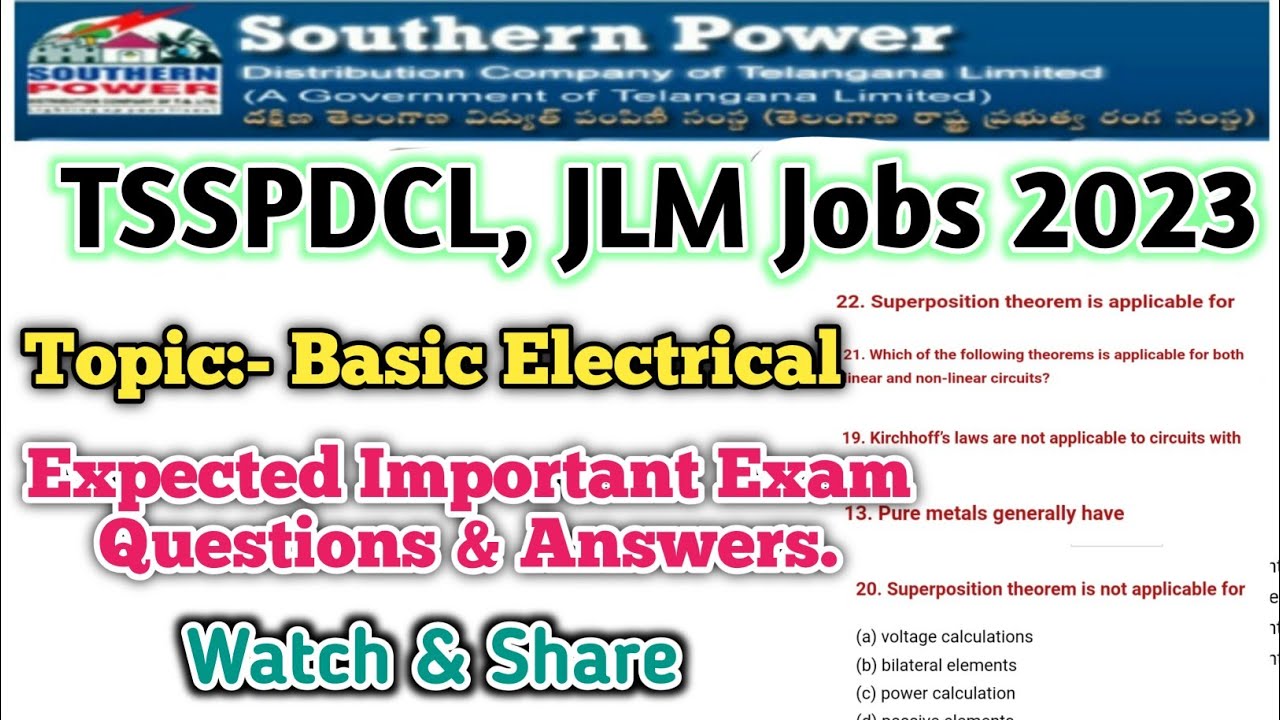💥TSSPDCL JLM Exam Important Basic Electrical Bits 2023 JLM Basic