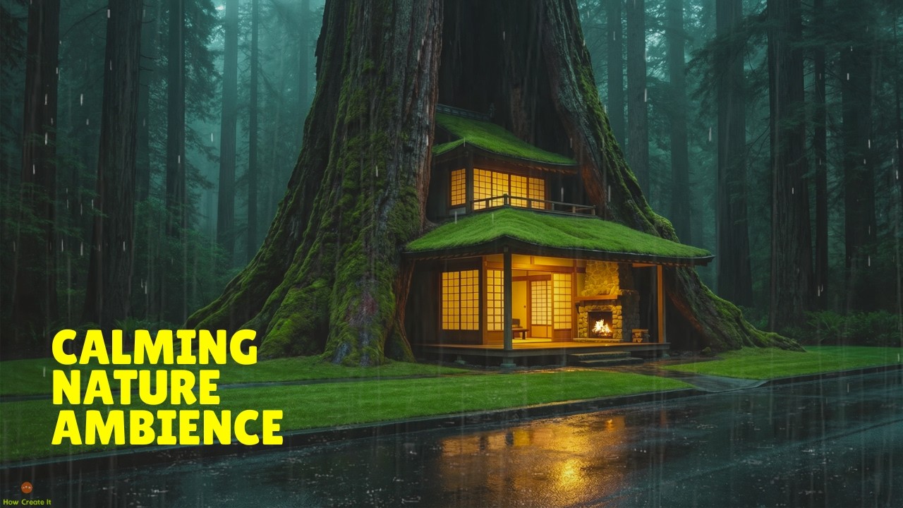 Peaceful Rainy Evening At A Japanese Style House Built Into A Giant Ancient Redwood Tree