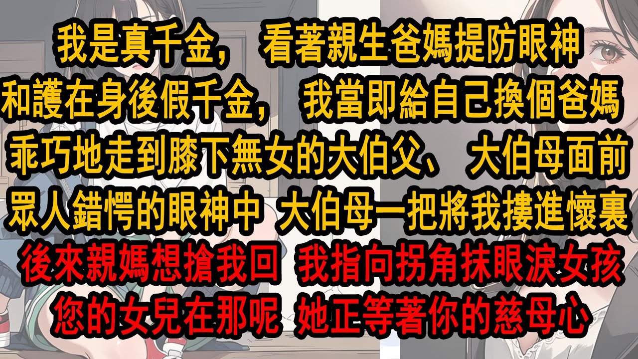 我是真千金，看著親生爸媽提防眼神和假千金，我當即決定給自己換個爸媽，乖巧地走到膝下無女的伯母面前，大伯母一把將我摟進懷裏。後來，親媽想搶我回去，我指向拐角抹眼淚女孩：您的女兒在那呢，她正等著你的慈母心