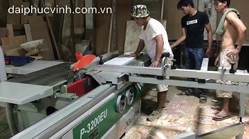 Máy cưa bàn trượt JOWAY P-3200EU, test full chức năng cắt nghiêng trục 45 độ, cắt xéo 45 độ.