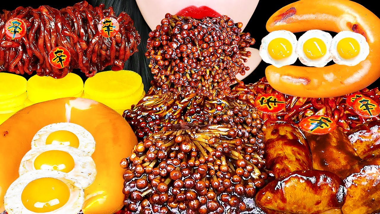 ASMR TRUFFLE BLACK BEAN NOODLES SPICY ENOKI MUSHROOMS KIELBASA SAUSAGE 트러플짜파게티 짜장불닭팽이버섯 먹방 MUKBANG