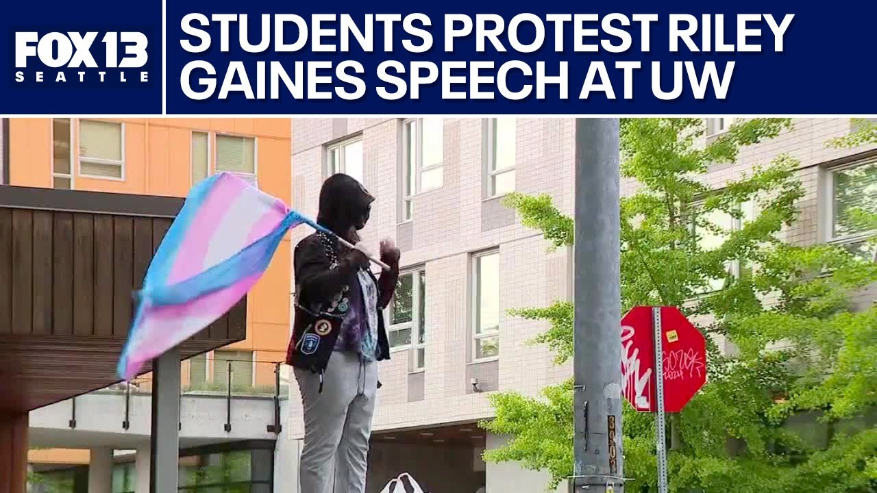 Protesters stage outside speaking event featuring anti-trans activists at UW in Seattle