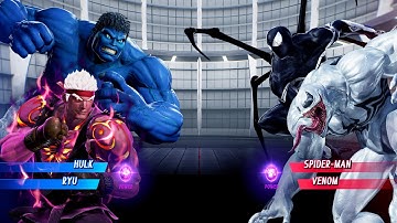 Blue Hulk & Evil Ryu vs Black Spiderman & Venom (Very Hard) - Marvel vs Capcom | 4K UHD Gameplay