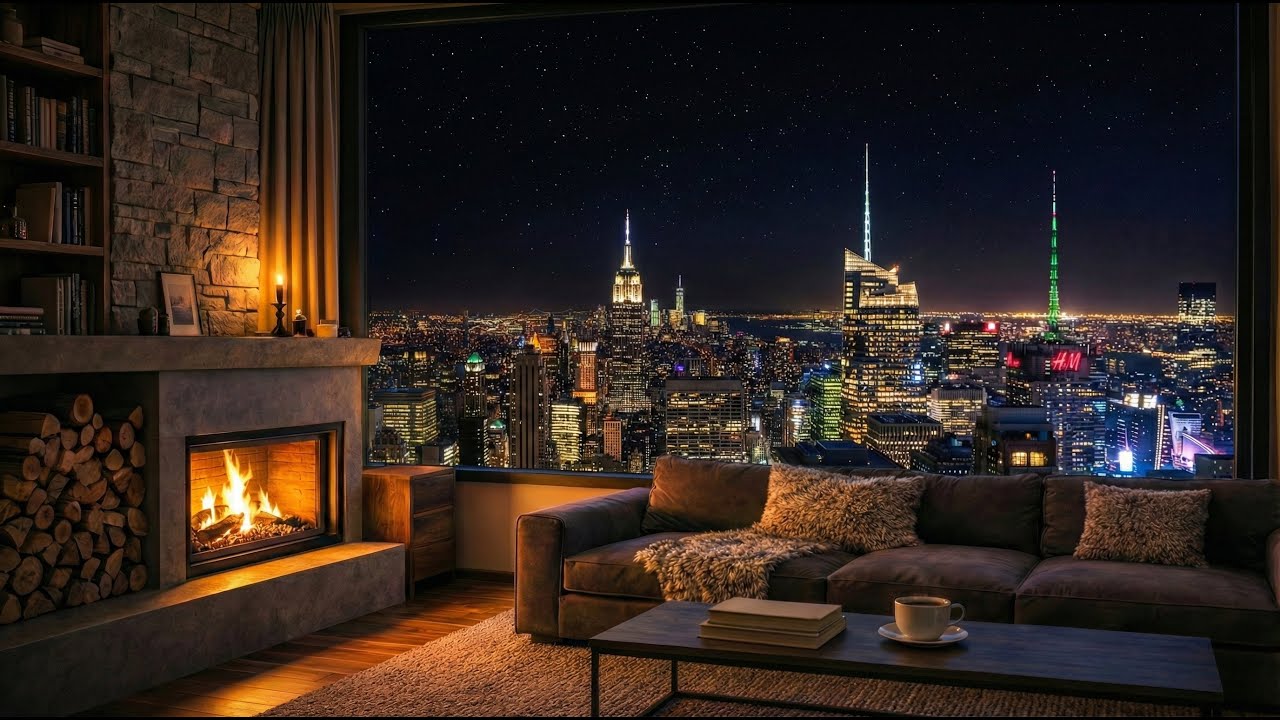 New York City Night View with Fireplace 🔥 Relaxing Piano Music for Sleep & Study 🎹 (4K)