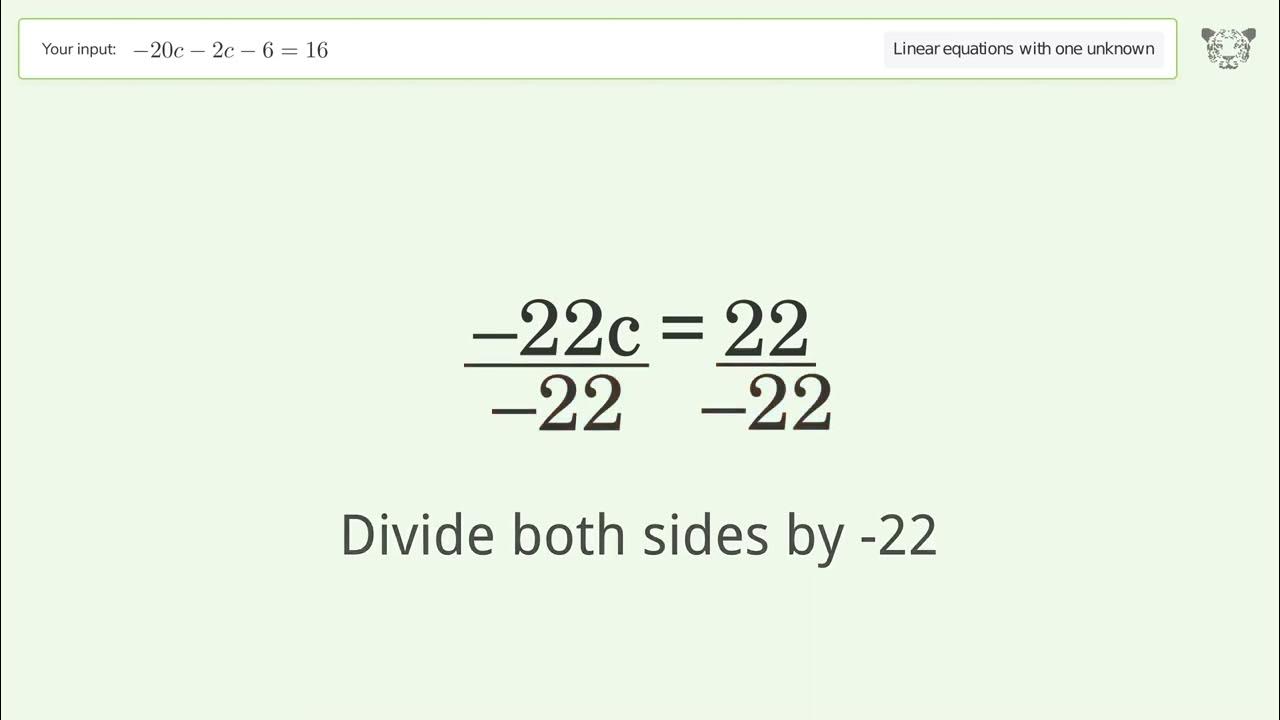 Linear equation with one unknown: Solve -20c-2c-6=16 step-by-step ...