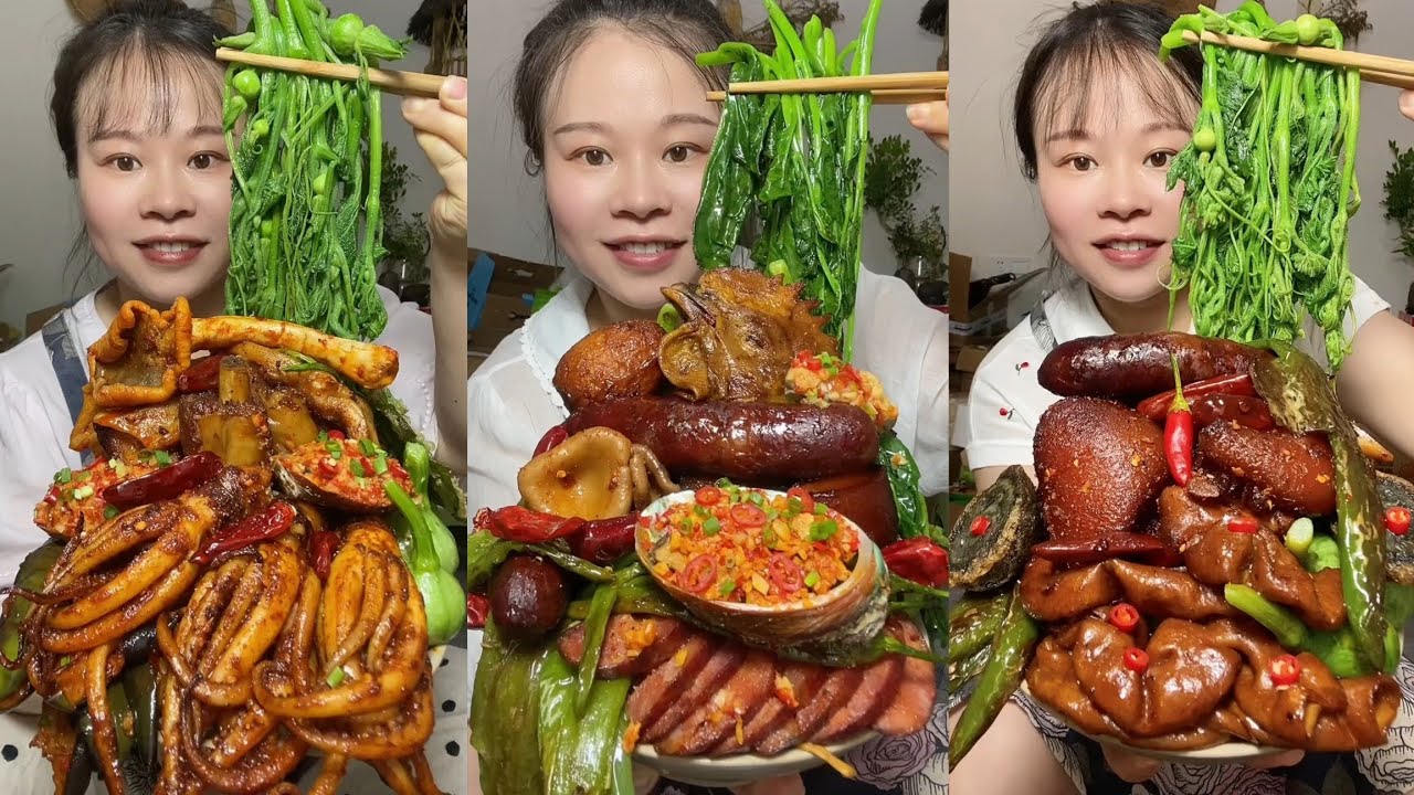 Yummy #46:Eat fried squid 🦑😋 braised pork sausage 🌭 intestine belly #mukbang #yummy #delicious 