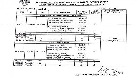 Revised Interview Schedule for post of lecturer in botany in college education department, sindh