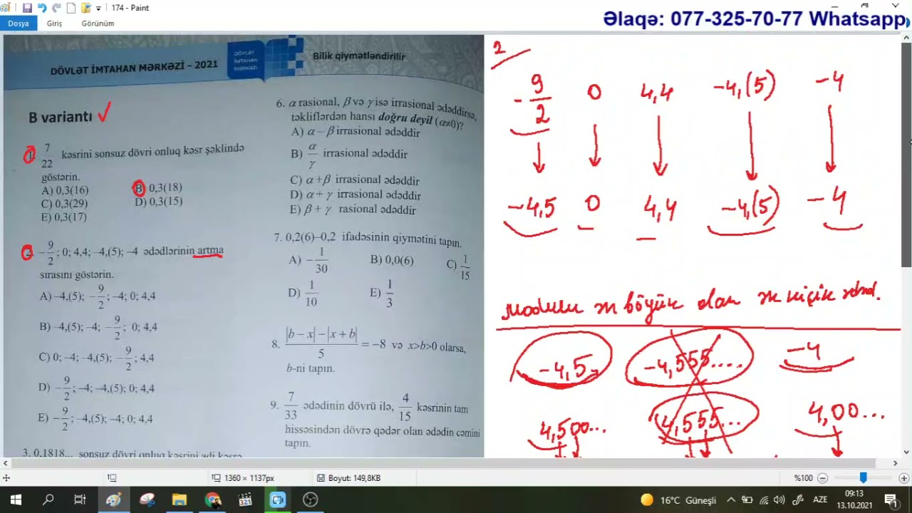 DİM 8 ci sinif.  Səhifə 174.  Həqiqi ədədlər.  B variantı