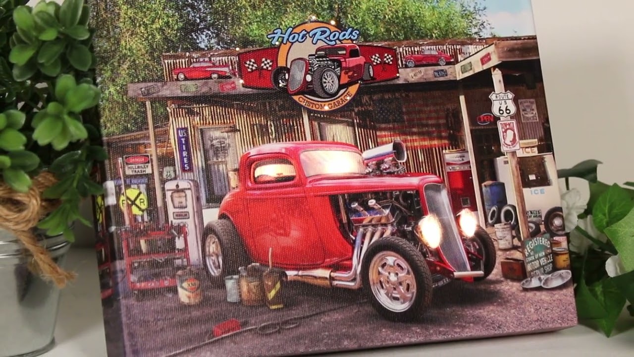 Hot Rod Garage 8x6 Lighted Tabletop Canvas | Glow Decor
