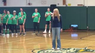 Kaitlyn Wille sings the National Anthem at Harborfields basketball game vs Harlem Wizards