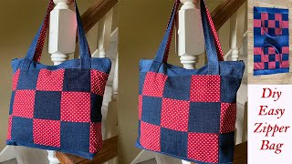 Amazing Designed DIY Easy Zipper Tote Bag / Shopping Bag Use Old Denim Jeans & Scarp Fabric