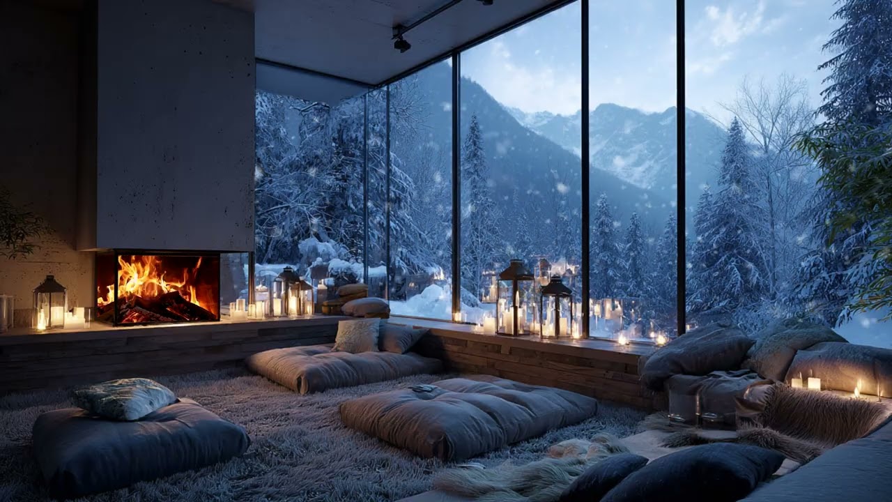 Soul-Soothing Winter Night with Cold Snow Wind Outside and Warm Fireplace Fire Inside