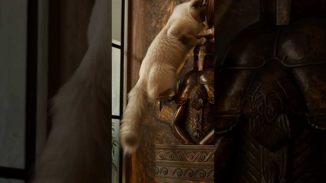 Sacred Cat Meets Surreal Bronze Warrior 🐾🛕✨  