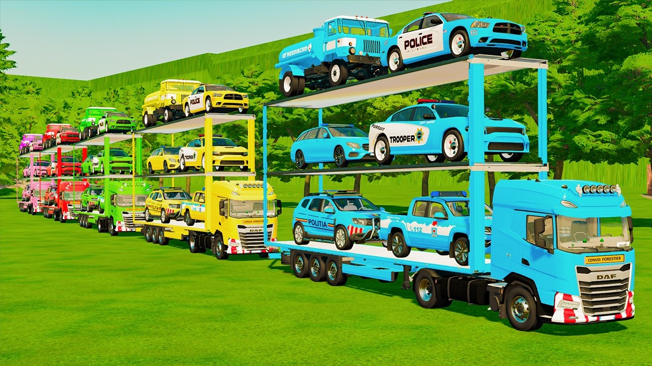 OVERSIZED TWIN CARS TRANSPORT OF COLORS! COPS DODGE HELLCAT, BMW, MINI CEMENT MIXERS! FS 25
