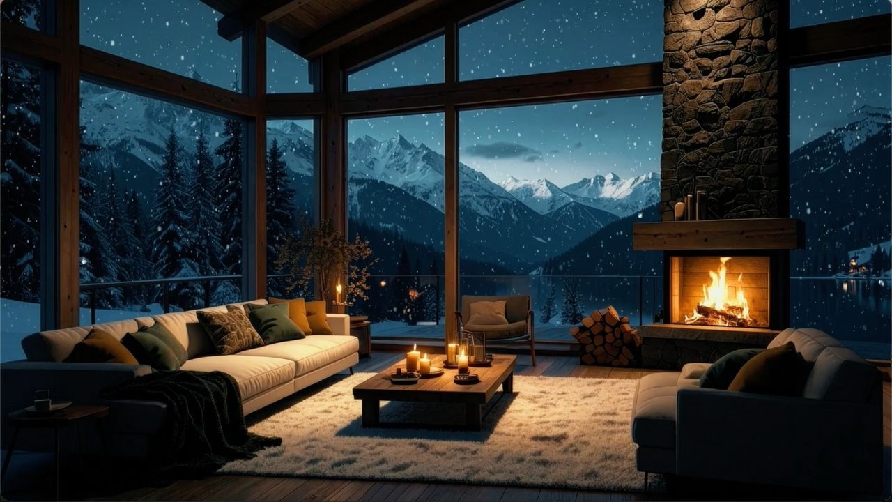 Relax by the Fireplace in a Snowy Cabin with Soft Piano Jazz | Peaceful Winter Ambience