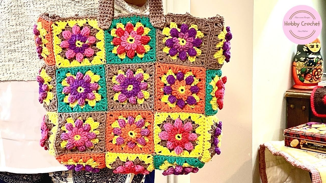Bolso Cesta con Granny Flor a crochet (Versión Diestra) -