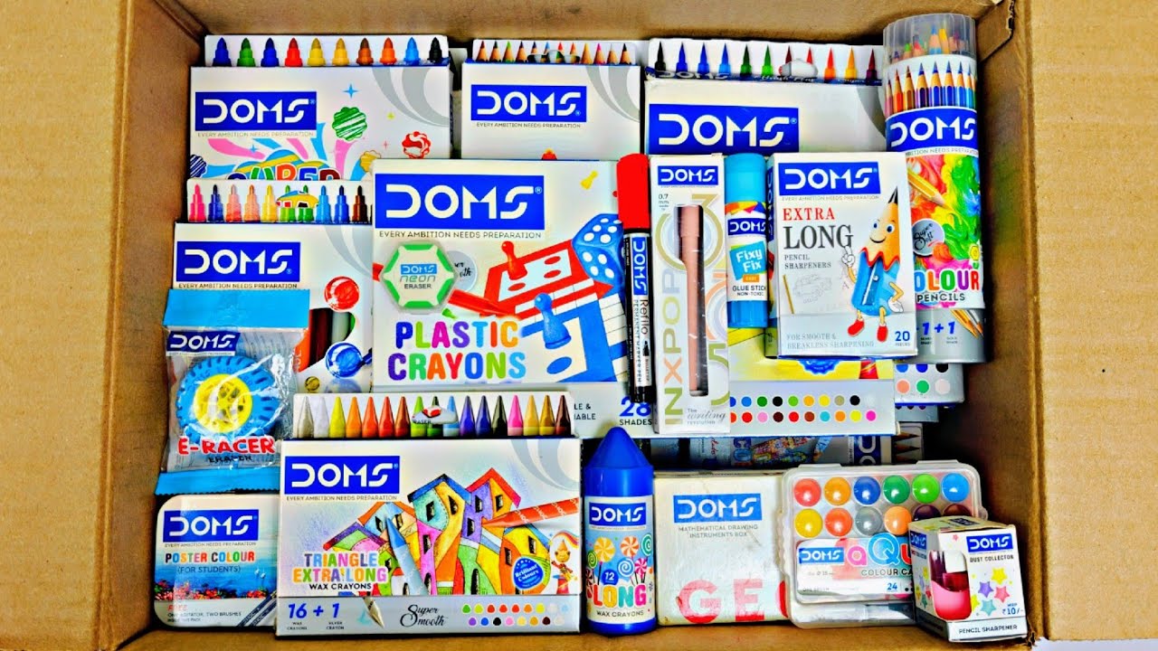 Unboxing DOMS Stationery, Brush Pen, Wax Crayons, Eraser, Sharpener, Pencil, Oil Pastel, Colour Pens