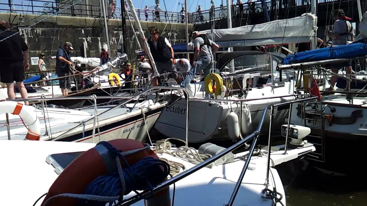 10+ boats inside a lock in Liverpool Marina
