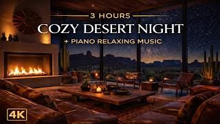 Cozy Desert Night Fireplace 4K - 3 Hours Piano Music & Crackling Fire Sounds for Sleep & Study