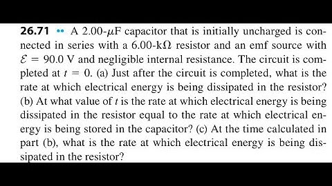 A capacitor that is initially uncharged is connected in series with a resistor and an emf source wi
