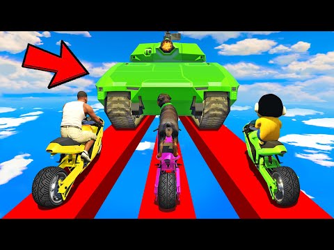 SHINCHAN AND FRANKLIN TRIED THE IMPOSSIBLE FIRE TANK RAMP BIKE PARKOUR CHALLENGE GTA 5