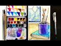 🔴Easy Beginners Watercolor - How to Paint Brushes in a Cup & Window