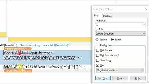 Regex Character Classes Example in SDL Trados Studio Find Operation