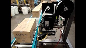 Model 250 Dual Panel Label Printer Applicator Applying Label to Front & Side of a Box