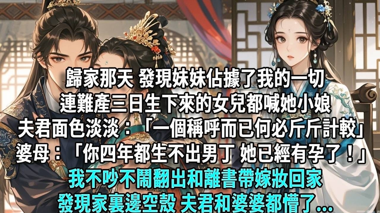 歸家那天，發現妹妹佔據了我的一切，連難產三日生下來的女兒都喊她小娘。夫君面色淡淡：「一個稱呼而已，何必斤斤計較，不識大體。」婆母：「你四年都生不出男丁，你妹妹已經有孕了！」我不吵不鬧翻出和離書帶