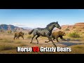 Black Snowflake Horse Hunted by Two Hungry Grizzly Bear in the Middle of Desert