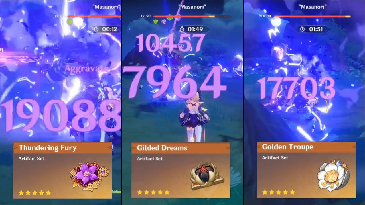 Genshin Impact New Artifact Golden Troupe Vs Glided Dreams Vs Thundering Fury