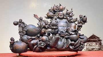 Tượng Di Lặc Gỗ Trắc Đỏ Đen: Tượng Di Lặc Cửu Phúc Vác Cành Đào | Đồ Gỗ Mạnh Sơn