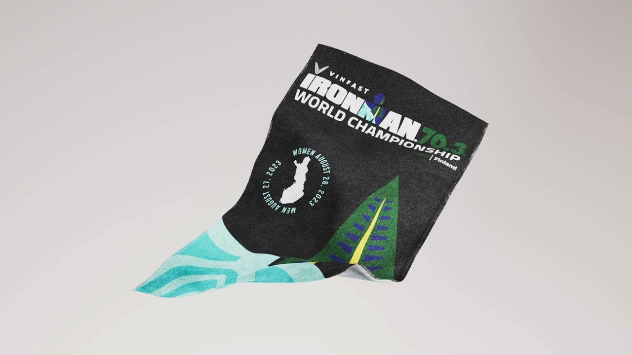 Ironman event-branded beach towel CGI commercial, clay-to-color 3D product animation rendered in Cinema 4D and Redshift by Tanzim Rahat