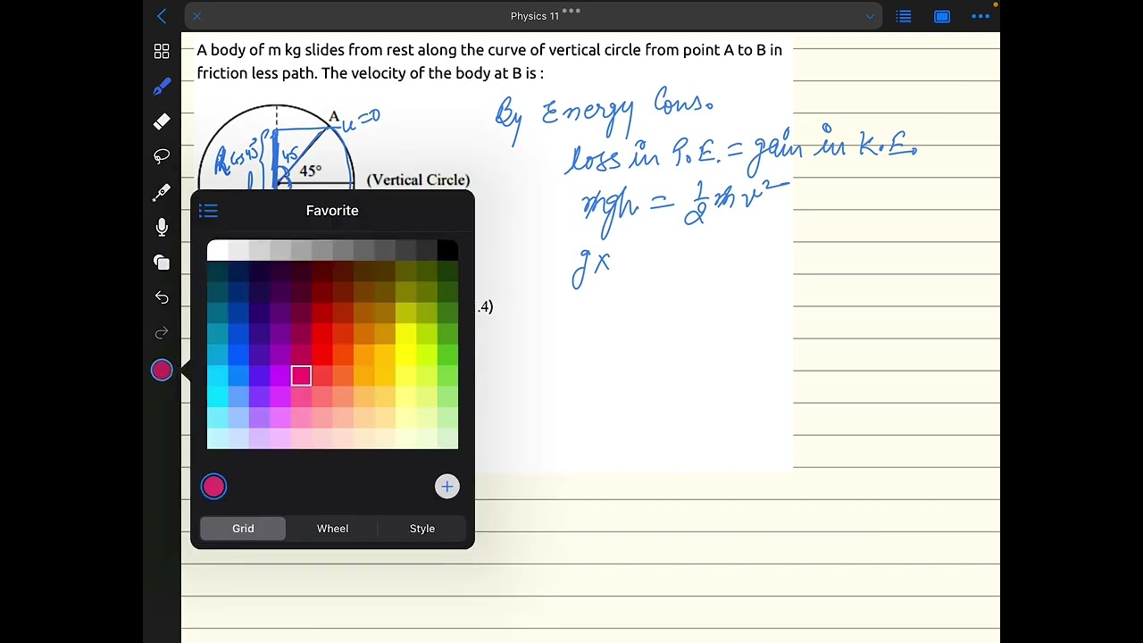 A body of mass m kg slides from rest along the curve of a vertical circle from point A to B in frict