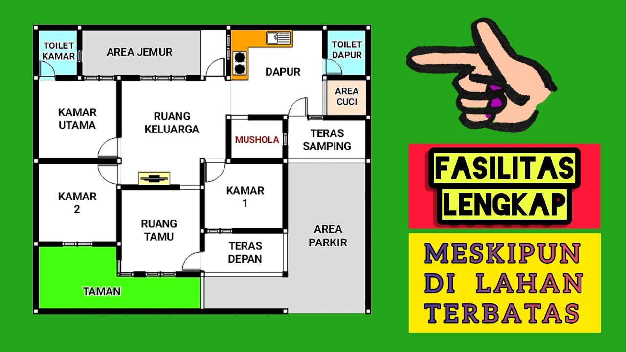 Denah Rumah Memanjang ke Samping ukuran 12 x 10 Meter 3 Kamar Tidur, 1 Mushola + Kamar Mandi Dalam