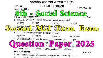 8th Social 2nd mid term question paper 2025 | 8th Social Science Second mid term question paper 2025