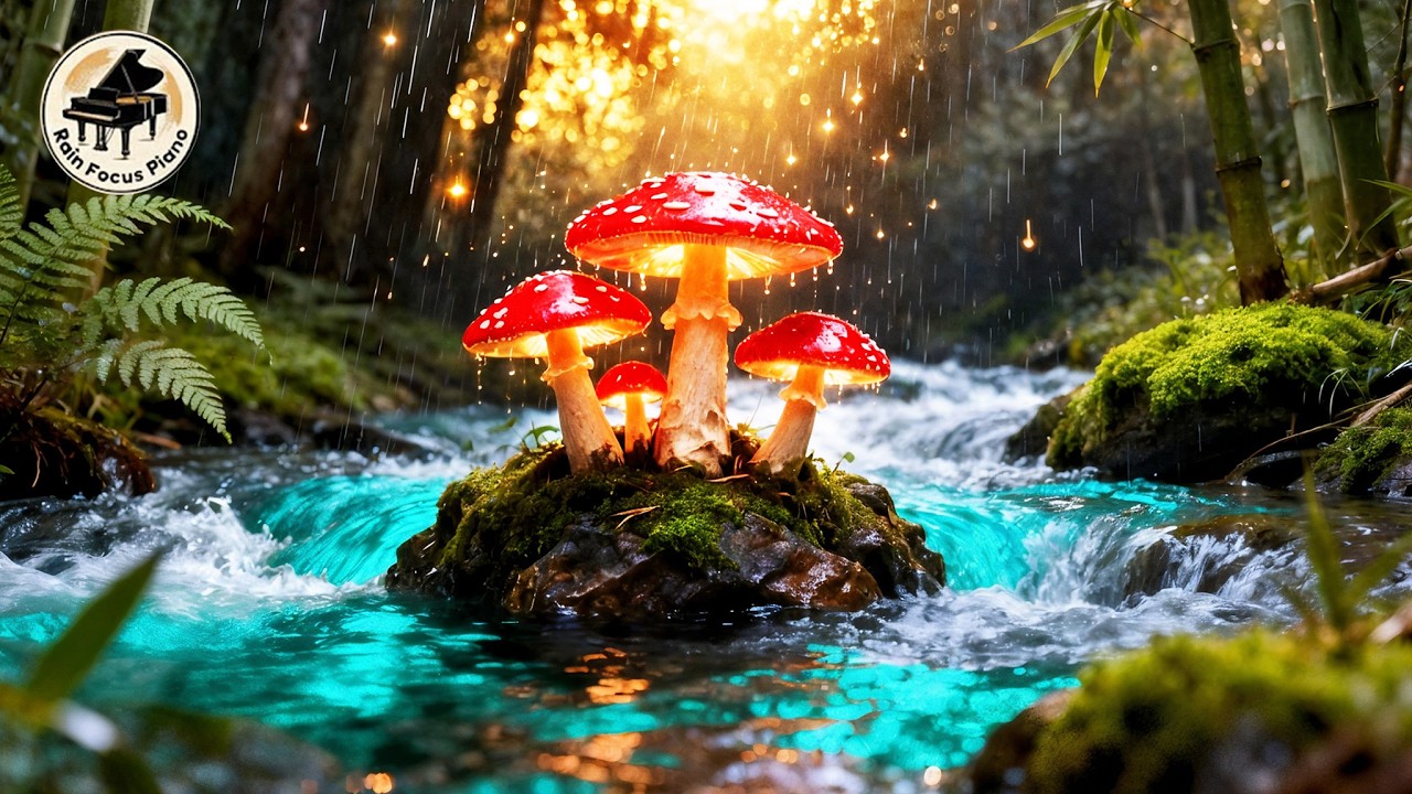 100% Deep Focus 🍄 Glowing Rain & River ASMR in Bamboo Forest • Relaxing Piano for Studying & Work