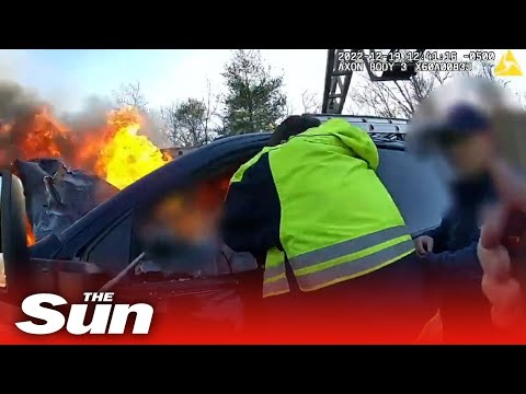 Emergency responders race pull driver from car “engulfed in flames” after crash.