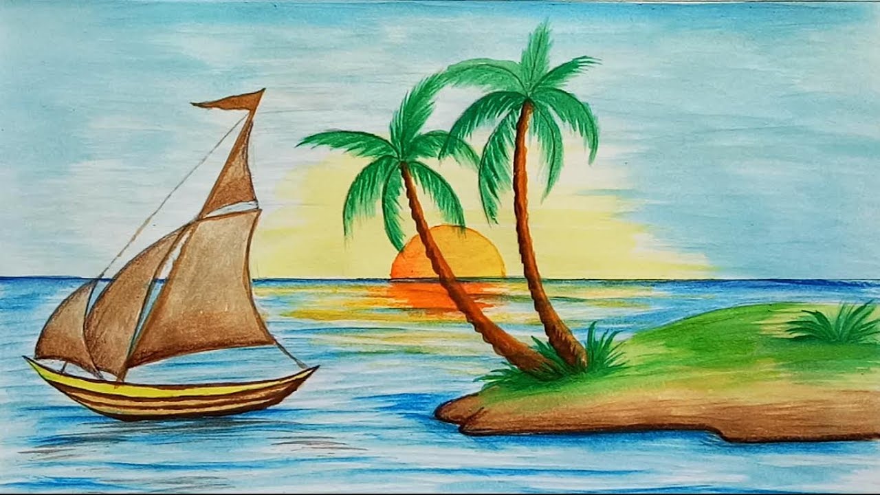 How to draw scenery of Island with water colour step by step - YouTube