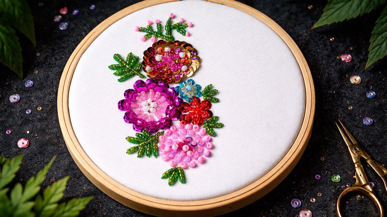 Elegant Beaded Floral Embroidery | Hand Embroidery with Sequins & Beads | Easy Flower Design