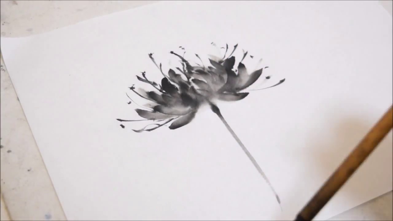 水墨画 彼岸花とトンボ sumi-e Indian ink painting Amaryllis