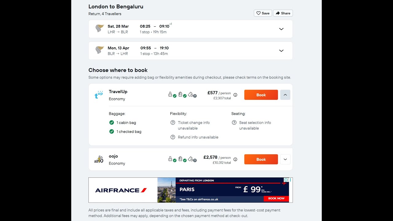 Kayak travelup Price issue Lon - blr