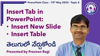 PowerPoint Class - 10th May 2023 - Topic 4: - Topic 4: Insert Tab - Insert New Slide, Insert Table