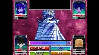 Space Ex-Husband itemless skilless (Omori)
(I sped up the longer breaks between
Heres a very tedious fight. Much of it is RNG dependent, since SXH has to call sad enough times before he slowly chews down the party HP.
Chefs Hat is the unexpected MVP here. Not only does it give a lot of defense, but it lets Hero last way longer than usual, especially helpful when he heals everyone and can’t be healed himself.
Also, Call Kel removing sad actually matters (to my detriment) here. It might be worth just healing Omori and Aub when necessary, because Kels already not too bulky aside from this.
Overall, I dont really recommend. Im just happy I got a clip and that its done.
Equipment
Omori: Red Knife, Cough Mask
Aubrey: Baseball Bat, Pretty Bow
Kel: Basketball, Cactus Hairclip
Hero: Ol Reliable, Chef’s Hat Space Ex-Husband itemless skilless (Omori)