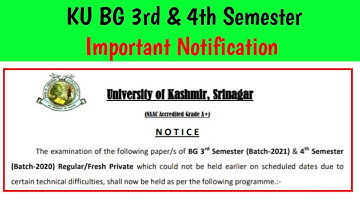 Kashmir University IMPORTANT NOTICE regarding BG 3rd Semester (Batch-2021) & 4th Semester Batch-2020