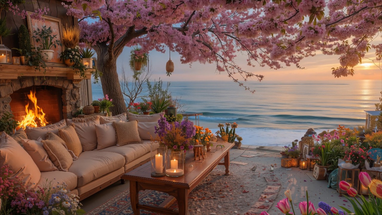 Peaceful Spring Morning by the Sea 🌸 Gentle Piano, Cozy Fireplace ...