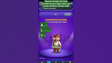 Hamster Kombat Aire Drop GameDev Heroes Daily Cipher and Combo 18 March 2025, 18 Mars 2025 🐹🤑💯💸🎉🥳🖲️📱