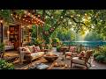 Calm Jazz Music at Lakeside Summer Porch | Fireplace Crackle &amp; Falling Leaves to Unwind